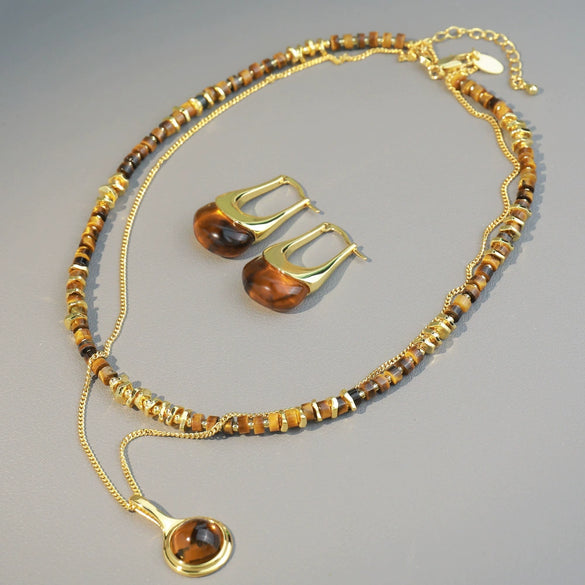 Wholesale Women's Handmade Maillard Style Geometric Tiger Eye Stone Crystal Copper Resin Beaded Necklace With Pendant And Chain