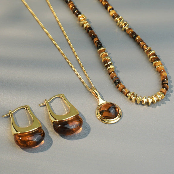 Wholesale Women's Handmade Maillard Style Geometric Tiger Eye Stone Crystal Copper Resin Beaded Necklace With Pendant And Chain