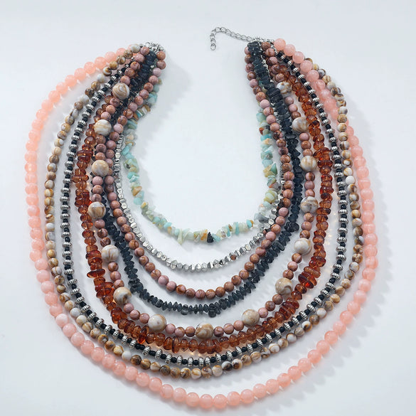 Wholesale Women's Handmade Multilayer Beaded Clavicle Chain Necklace With Artificial Crystal And Alloy Geometric Pattern Snake Bone Chain Style