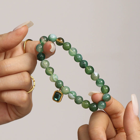 Wholesale Women's Handmade Natural Agate And 316L Stainless Steel Geometric Style Elastic Cord Bracelet With Electroplating