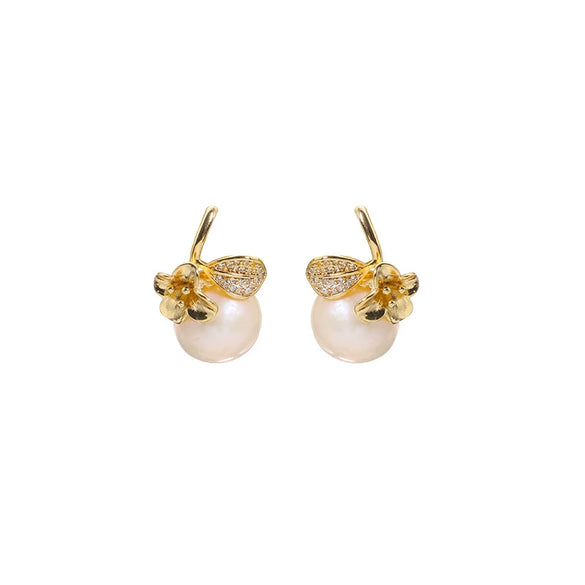 Wholesale Women's Handmade Natural Freshwater Pearl Earrings With Micro Inlaid White Zircon And Flower Design