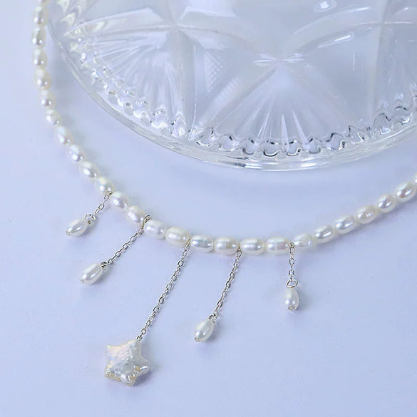 Wholesale Women's Handmade Natural Freshwater Pearl Geometric Vintage Baroque Fairy Style Necklace With Star Pendant And Tassel