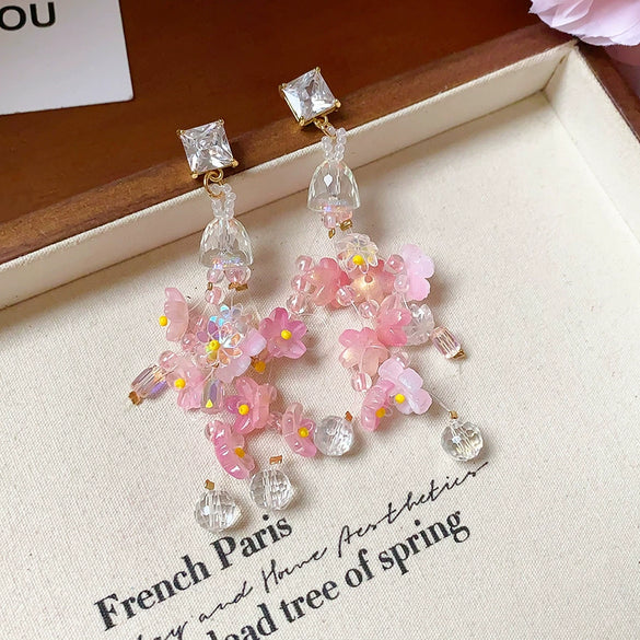 Wholesale Women's Handmade Plastic And Resin Flowershaped Tassel Earrings Little Fresh Style
