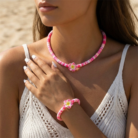 Wholesale Women's Handmade Polymer Clay Flower Patterned Beaded Necklace And Bracelet Set