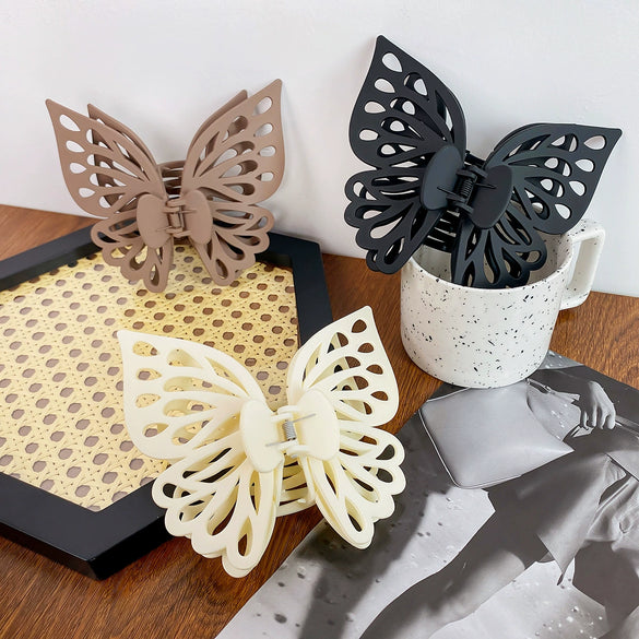 Wholesale Women's Handmade Sweet Double Hollow Butterfly Solid Color Frosted Hair Grab Clip Hair Accessories