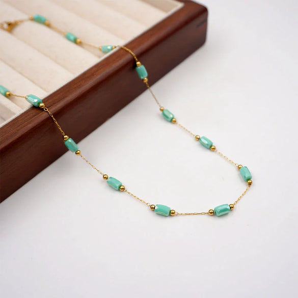 Wholesale Women's Handmade Titanium Steel Heart Pattern Retro Imitation Turquoise Pendant Clavicle Chain