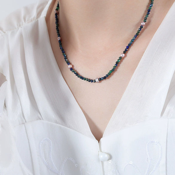 Wholesale Women's Handmade Titanium Steel Pearl Lapis Lazuite Necklace With Geometric Pattern And Electroplating