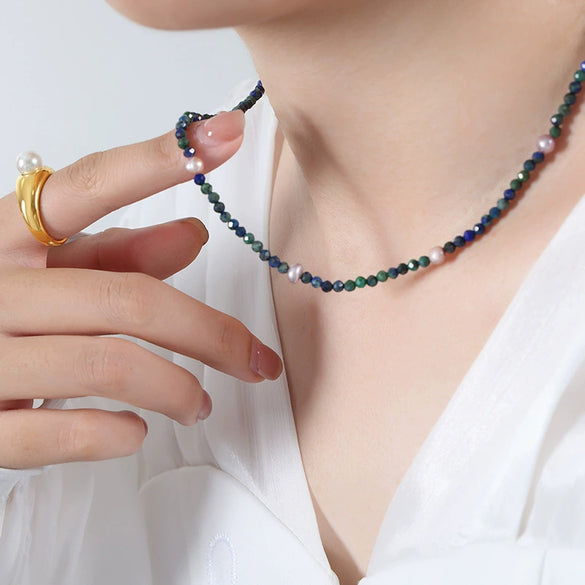 Wholesale Women's Handmade Titanium Steel Pearl Lapis Lazuite Necklace With Geometric Pattern And Electroplating
