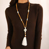 Wholesale Women's Handmade Wooden And Resin Geometric Beaded Love Turquoise Tassel Necklace With Ball Chain