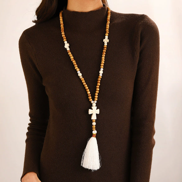 Wholesale Women's Handmade Wooden And Resin Geometric Beaded Love Turquoise Tassel Necklace With Ball Chain