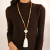 Wholesale Women's Handmade Wooden And Resin Geometric Beaded Love Turquoise Tassel Necklace With Ball Chain