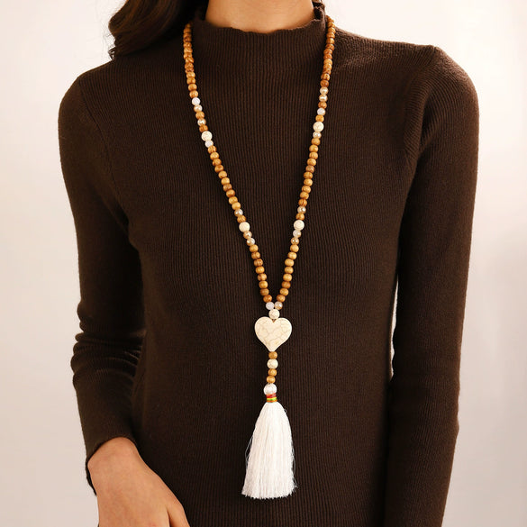 Wholesale Women's Handmade Wooden And Resin Geometric Beaded Love Turquoise Tassel Necklace With Ball Chain