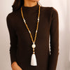 Wholesale Women's Handmade Wooden And Resin Geometric Beaded Love Turquoise Tassel Necklace With Ball Chain