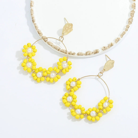 Wholesale Women's Handwoven Alloy Forest Style Beaded Wrap Flower Earrings