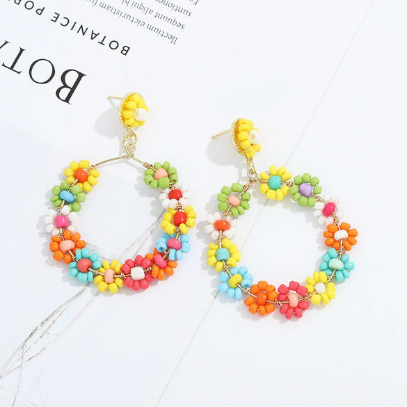 Wholesale Women's Handwoven Alloy Forest Style Beaded Wrap Flower Earrings