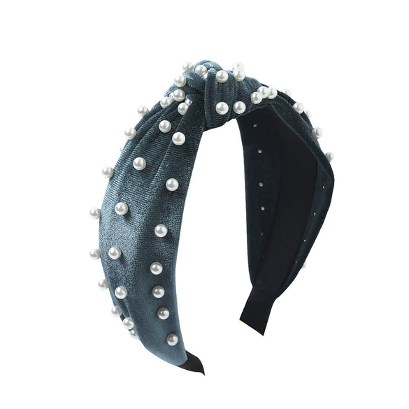Wholesale Women's Handwoven Cloth Velvet Pearl Headband With Geometric Plaid Pattern