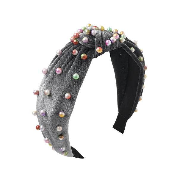 Wholesale Women's Handwoven Cloth Velvet Pearl Headband With Geometric Plaid Pattern