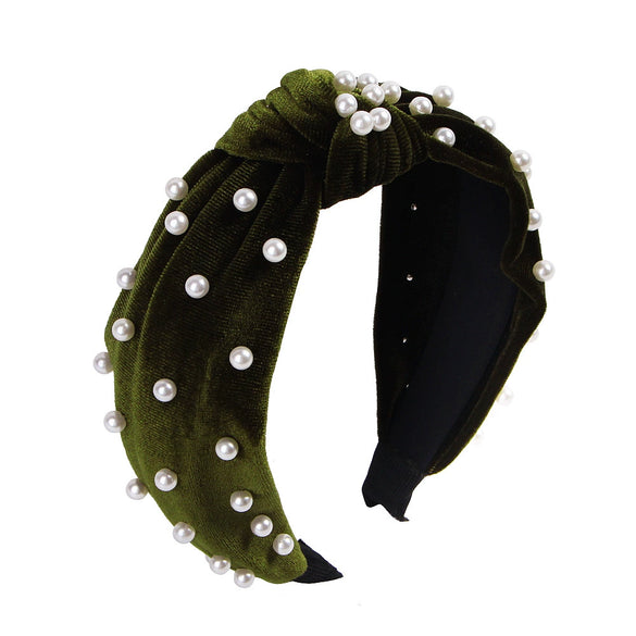 Wholesale Women's Handwoven Cloth Velvet Pearl Headband With Geometric Plaid Pattern