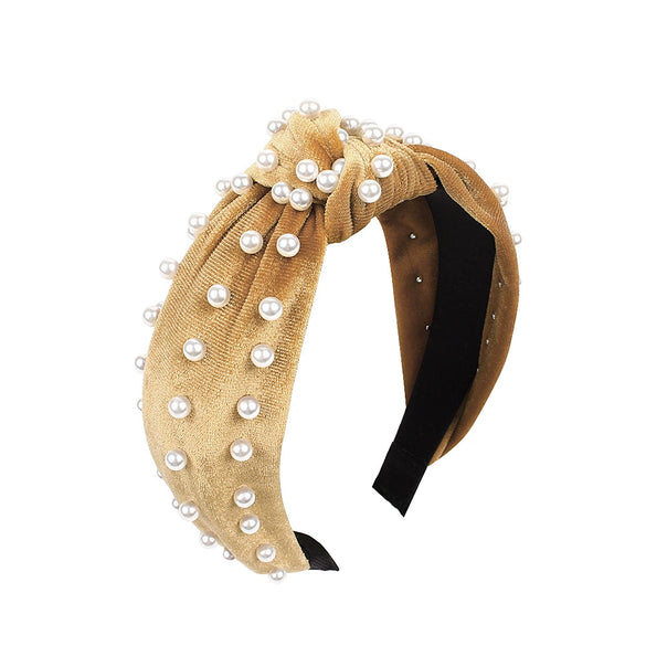 Wholesale Women's Handwoven Cloth Velvet Pearl Headband With Geometric Plaid Pattern