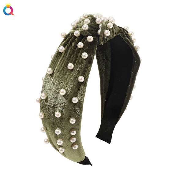 Wholesale Women's Handwoven Cloth Velvet Pearl Headband With Geometric Plaid Pattern