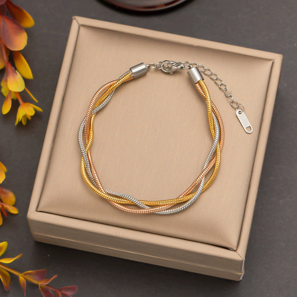 Wholesale Women's Handwoven Electroplated Titanium Steel Threelayer Cross Clavicle Necklace With Snake Bone Chain