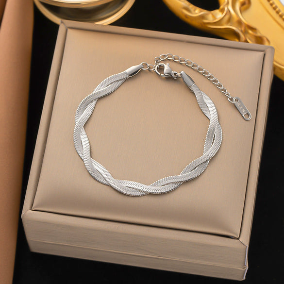 Wholesale Women's Handwoven Electroplated Titanium Steel Threelayer Cross Clavicle Necklace With Snake Bone Chain