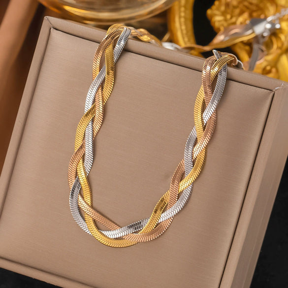 Wholesale Women's Handwoven Electroplated Titanium Steel Threelayer Cross Clavicle Necklace With Snake Bone Chain