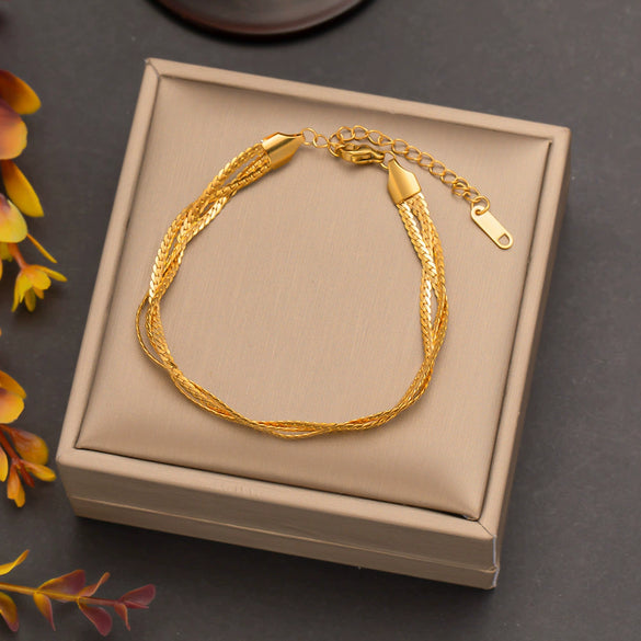 Wholesale Women's Handwoven Electroplated Titanium Steel Threelayer Cross Clavicle Necklace With Snake Bone Chain