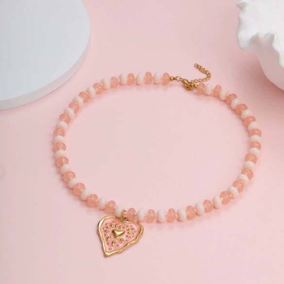 Wholesale Women's Heart Shape Stainless Steel Electroplated Acrylic Beaded Necklace