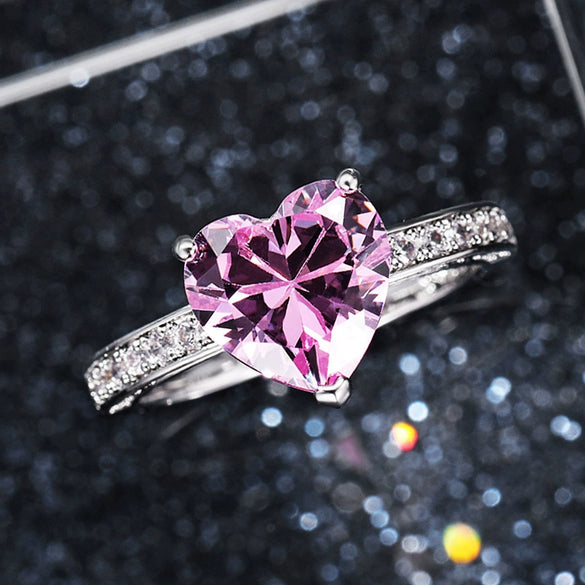 Wholesale Women's Heart Shaped Engagement Wedding Ring Inlaid With Pink Diamond Zircon On Copper