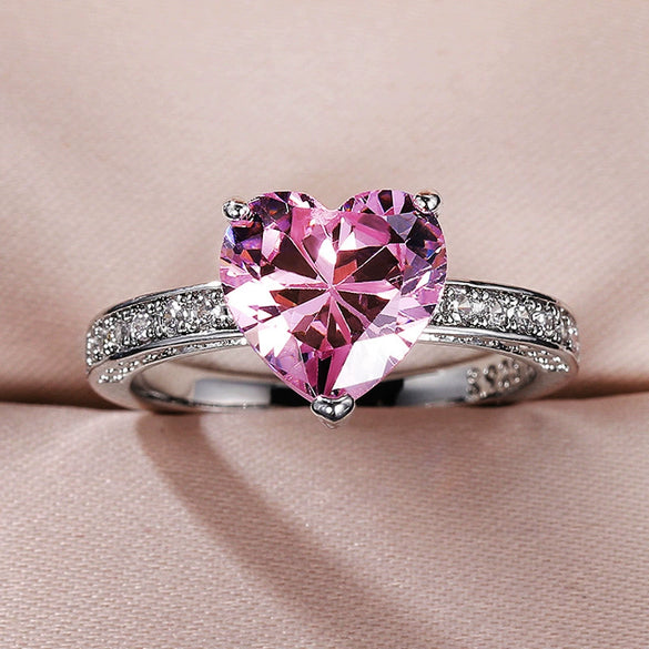 Wholesale Women's Heart Shaped Engagement Wedding Ring Inlaid With Pink Diamond Zircon On Copper