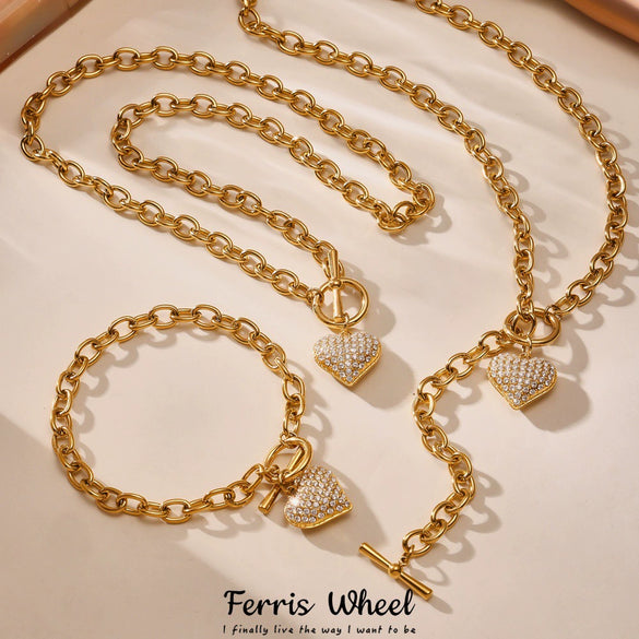 Wholesale Women's Heart Water Drop Bell Pattern Stainless Steel Zircon Titanium Steel Electroplated Jewelry Set With Necklace And Bracelet