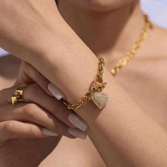 Wholesale Women's Heart Water Drop Bell Pattern Stainless Steel Zircon Titanium Steel Electroplated Jewelry Set With Necklace And Bracelet