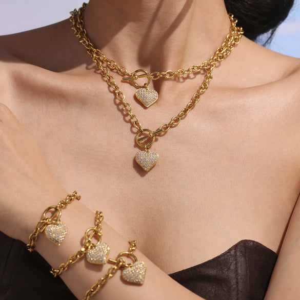 Wholesale Women's Heart Water Drop Bell Pattern Stainless Steel Zircon Titanium Steel Electroplated Jewelry Set With Necklace And Bracelet