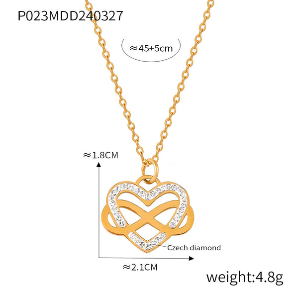 Wholesale Women's Heart Winding Pendant Hollow Titanium Steel Necklace And Earrings With Golden Diamond Bow Light Luxury Style Electroplating Treatment