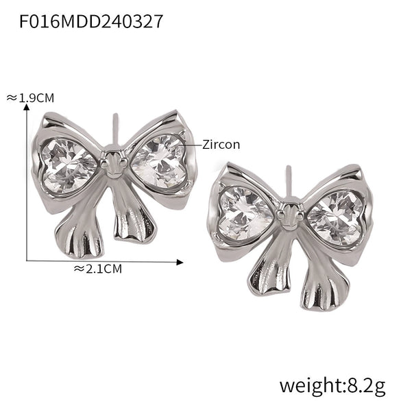Wholesale Women's Heart Winding Pendant Hollow Titanium Steel Necklace And Earrings With Golden Diamond Bow Light Luxury Style Electroplating Treatment