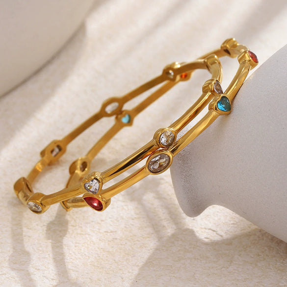 Wholesale Women's Heartshaped Colorful Geometric Zircon Line Stainless Steel 18K Goldplated Bracelet