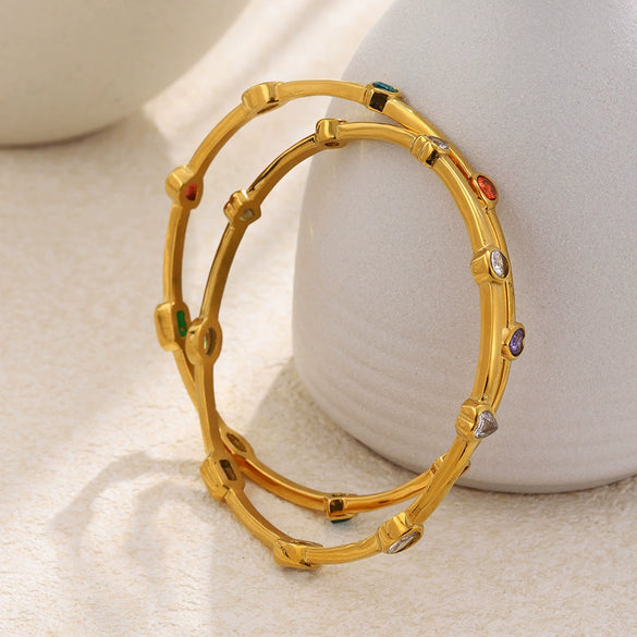 Wholesale Women's Heartshaped Colorful Geometric Zircon Line Stainless Steel 18K Goldplated Bracelet