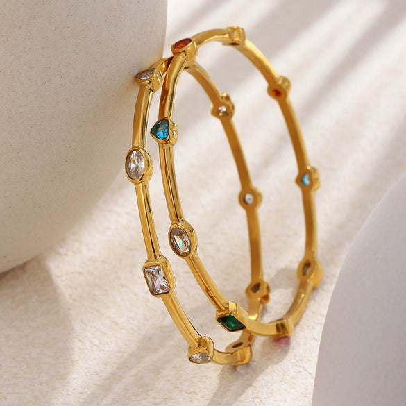 Wholesale Women's Heartshaped Colorful Geometric Zircon Line Stainless Steel 18K Goldplated Bracelet