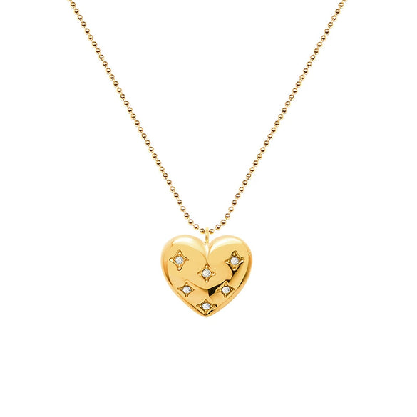 Wholesale Women's Heartshaped Diamondencrusted Ball Bead Chain Titanium Steel 18K Gold Plated Necklace Jewelry