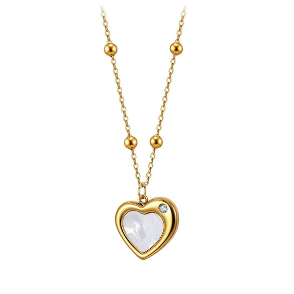 Wholesale Women's Heartshaped Geometric Pearl Shell Titanium Steel 18K Goldplated Calendering Chain Necklace