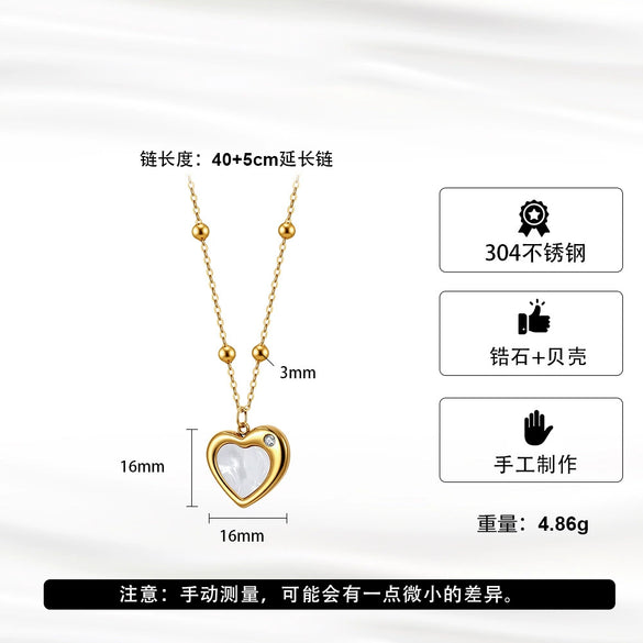 Wholesale Women's Heartshaped Geometric Pearl Shell Titanium Steel 18K Goldplated Calendering Chain Necklace