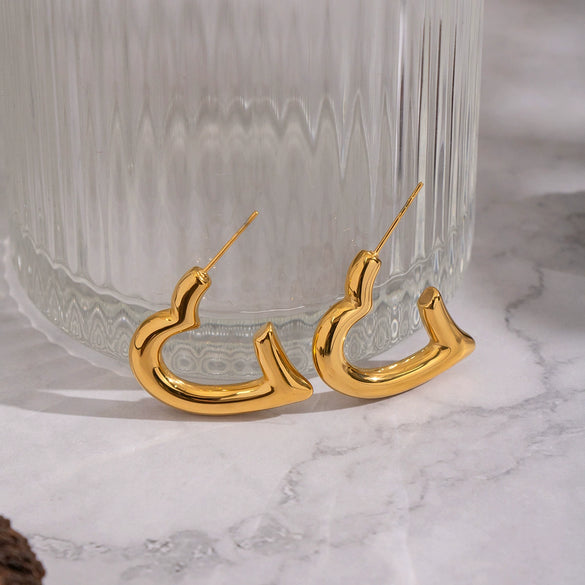 Wholesale Women's Heartshaped Real Gold Plated Stainless Steel Hoop Earrings Versatile Style