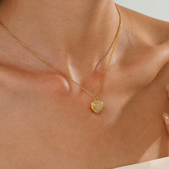 Wholesale Women's Heartshaped Titanium Steel Necklace With Precious Stones And Cross Chain