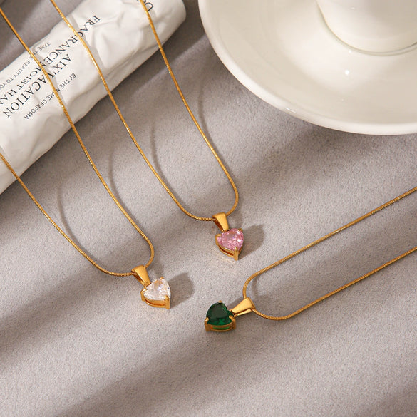 Wholesale Women's Heartshaped Zircon And Stainless Steel Necklace With Geometric Pattern And Electroplating