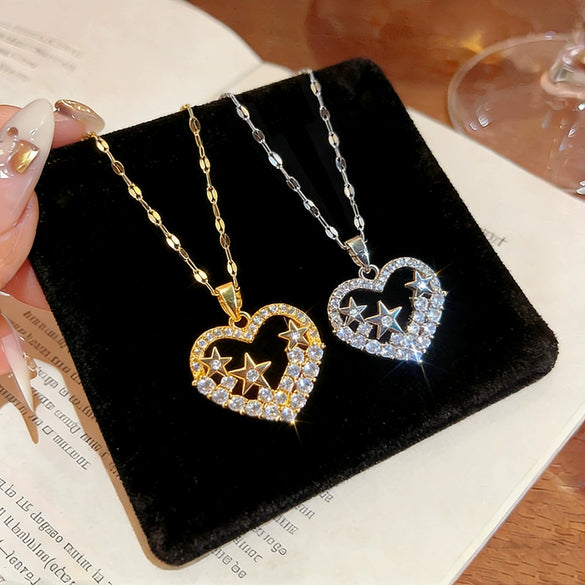 Wholesale Women's Heartshaped Zirconinlaid Titanium Steel Necklace With Water Wave Chain Light Luxury Design