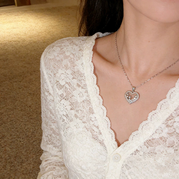 Wholesale Women's Heartshaped Zirconinlaid Titanium Steel Necklace With Water Wave Chain Light Luxury Design
