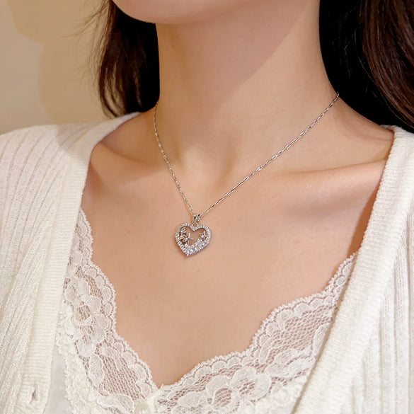 Wholesale Women's Heartshaped Zirconinlaid Titanium Steel Necklace With Water Wave Chain Light Luxury Design