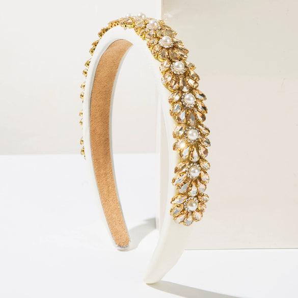 Wholesale Women's Heavy Craft Beaded Imitation Pearl Floral Geometric Headband Hair Accessory With Diamond Design