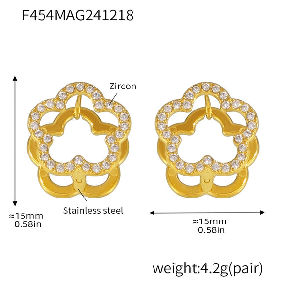 Wholesale Women's High Edition Flowers Double Sided Wear Buckle Zircon Earrings Jewelry In Stainless Steel With Geometric Pattern And 18K True Gold Plated Electroplating